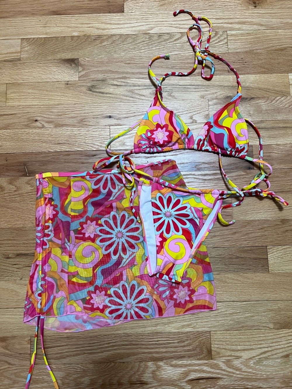 SHEIN Floral Print Triangle Bikini Set with Mesh Cover-Up - 3pc Bikini Bundle